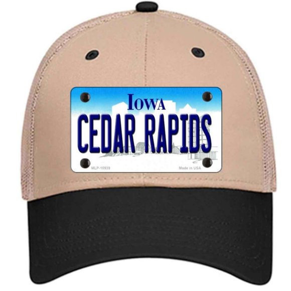 Cedar Rapids Iowa Metal on Trucker Mesh Snapback Hat - Khaki - Picture 1 of 2